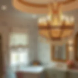 Opulent chandelier casting a warm glow in a master bathroom