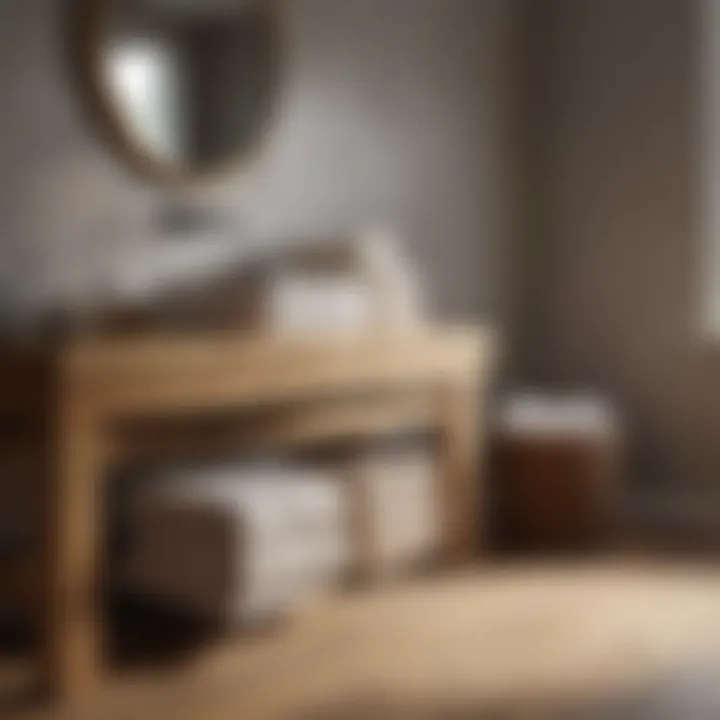 Cozy bathroom setting featuring a wooden bench and neatly arranged towels