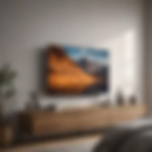 A stylish small Samsung TV mounted on a bedroom wall