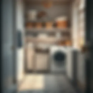 Organized laundry room featuring a stylish hamper with compartments