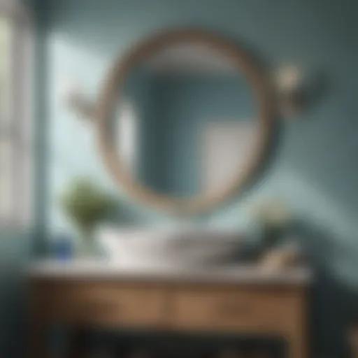 A serene bathroom featuring a coastal color palette with blues and sandy neutrals