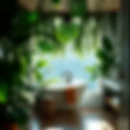 A serene tropical bathroom with lush greenery and natural materials