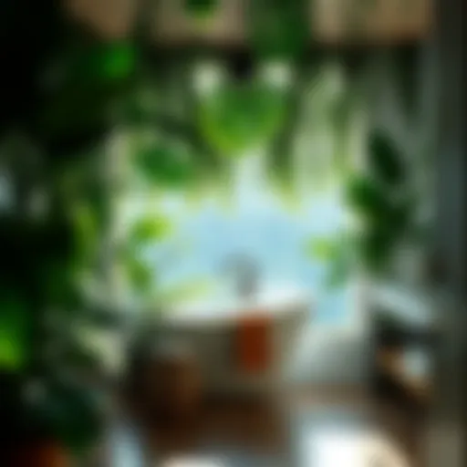 Lush Greenery in a Tropical Bathroom A serene tropical bathroom with lush greenery and natural materials