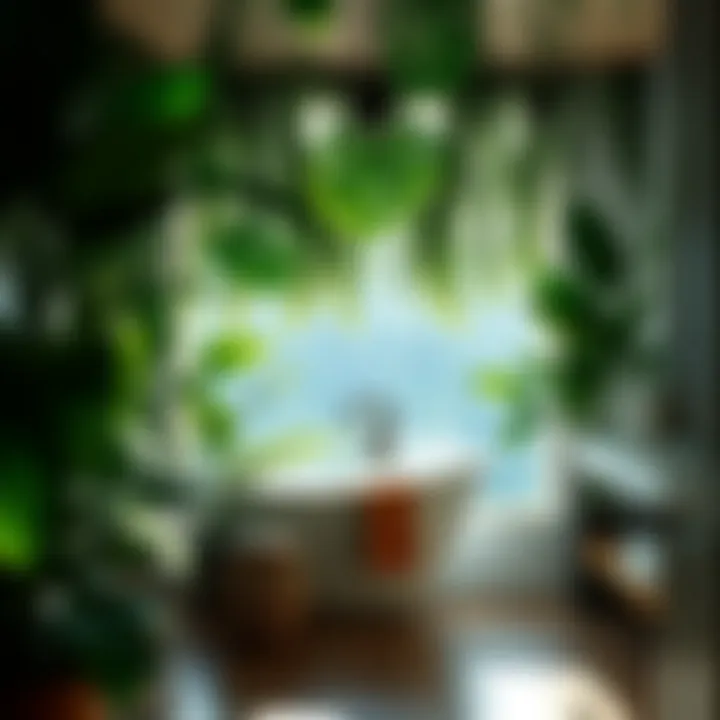 Lush Greenery in a Tropical Bathroom A serene tropical bathroom with lush greenery and natural materials