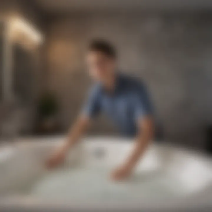 A plumber inspecting a jacuzzi bathtub for repairs