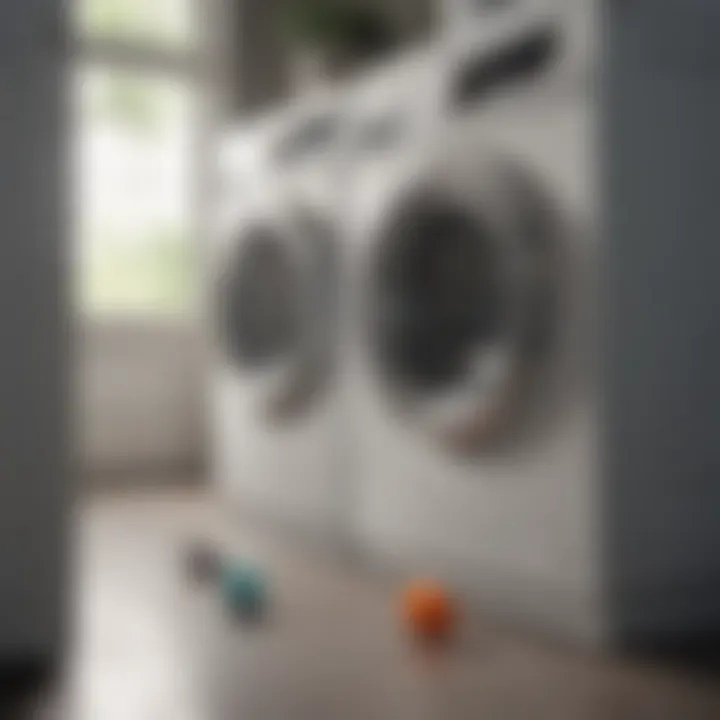 Laundry pods next to a washing machine with clean clothes