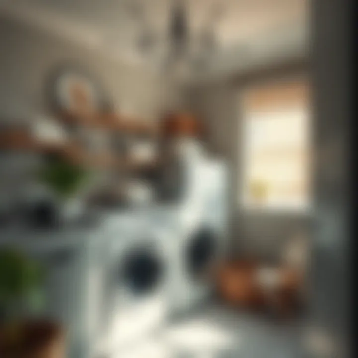 Stylish laundry room featuring decorative tension rod applications