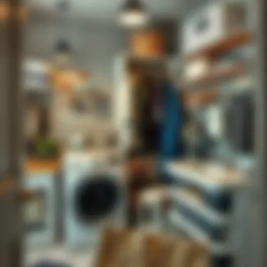 Organized laundry room showcasing storage solutions with tension rods