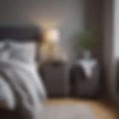 Organized bedroom featuring a chic grey wicker hamper