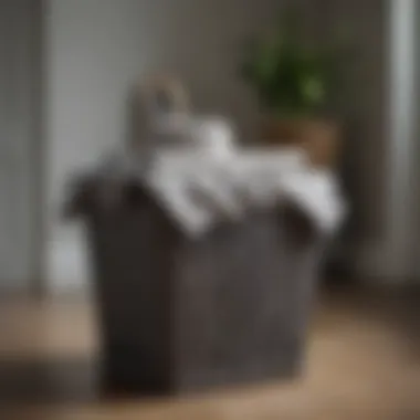 Stylishly Arranged Grey Wicker Hamper in Decor Grey wicker laundry hamper styled with decorative elements
