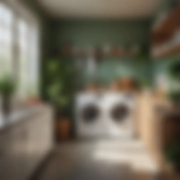 An inviting laundry room filled with natural light and lush greenery.